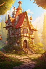 Fototapeta premium Illustration of a fairytale house with a lot of details. Tales of European peoples. Generative AI tools