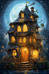 Illustration of a fairytale house with a lot of details. Tales of European peoples. Halloween. Generative AI tools - obrazy, fototapety, plakaty