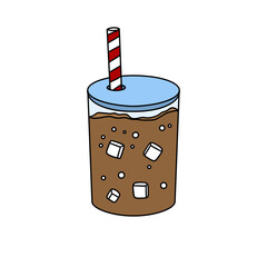 A cartoon drawing of a glass of iced coffee with a straw in it. The straw is red and white striped