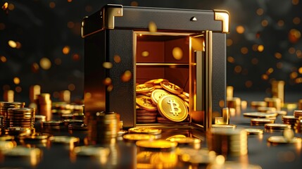 A sleek, modern 3D safe box, front and center with gold coins and banknotes artistically scattered - obrazy, fototapety, plakaty