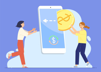 Young female transfer money via banking application, website, digital way, smartphone. Concept of  payment, , financial management, Outward remittance, disbursement. Flat vector illustration character