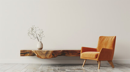 A contemporary living space featuring a wooden coffee table, an orange armchair - obrazy, fototapety, plakaty