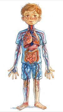 A detailed illustration capturing the intricate body systems on a cartoon young boy, with the cardiovascular, respiratory, and digestive systems highlighted in distinct watercolor hues, isolated on wh