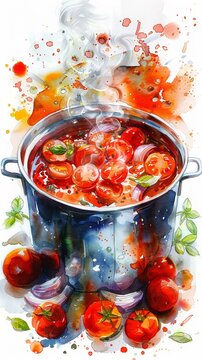A dramatic rendering of a simmering pot of marinara sauce, with tomatoes, onions, and herbs visibly merging in a dance of flavors, the steam rising and the rich colors popping against a white backgrou