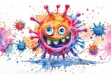 A whimsical illustration of a cartoonish virus character, its surface dotted with colorful spike proteins and a mischievous grin, set against a white background to offer a lighter take on the subject 