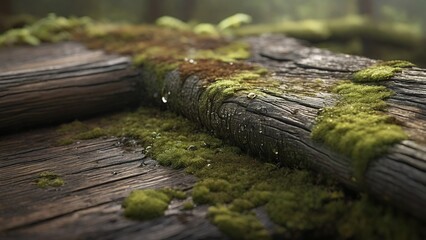 Marvel at the intricate beauty of nature as chunks of wood become canvases for the lush green moss...