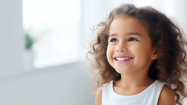 Portrait of a charming young girl with dark curly hair smiling against a bright background