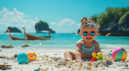 cute little girl wearing sunglasses and holding colorful beach toys is playing on the white sand of an exotic island
