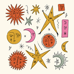 Funny groovy whimsical cute stylish freaky cool funny doodle stellar characters. Hand-drawn set of crescent moon, sun, comets. Cartoon poster abstraction collection art