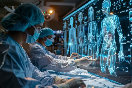 Two doctors are looking at a computer screen with a 3D image of a human body