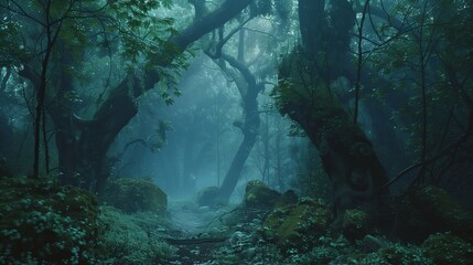 A mystical forest shrouded in mist, where ancient trees twist and intertwine, creating hidden pathways that lead to secret glades and forgotten ruins. 

 - obrazy, fototapety, plakaty