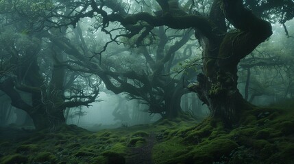 A mystical forest shrouded in mist, where ancient trees twist and intertwine, creating hidden pathways that lead to secret glades and forgotten ruins. 

