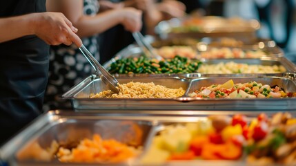 People serving various delicious dishes from a buffet spread at an event.