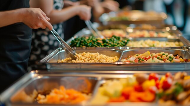 People serving various delicious dishes from a buffet spread at an event.