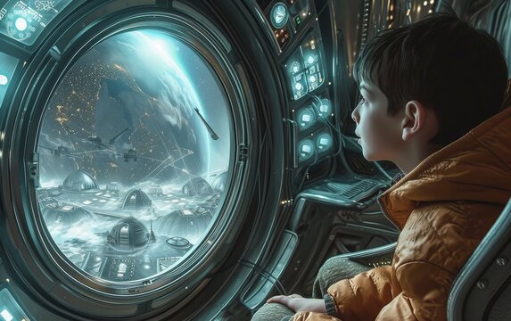 A young boy gazes out of a spaceship window, his eyes filled with wonder and curiosity about the mysteries of the universe.