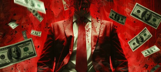 Red suit politician business with money dollar. Money laundry and corrupt concept. Generative AI technology.