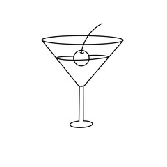 A glass of martini with a cherry on top. The glass is half full