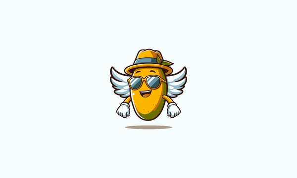 mango character wearing sun glass and hat with wings vector