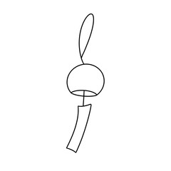 A white drawing of a bell with a string. The bell is hanging from a wire. The drawing is simple and clean