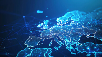 Abstract digital map of Western Europe, concept of European global network and connectivity, data transfer and cyber technology, information exchange and telecommunication. Digital maps for business - obrazy, fototapety, plakaty