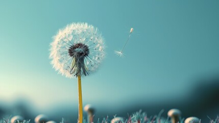 A lone dandelion seed floats on the breeze  its feathery tuft adrift against a pastel blue sky.