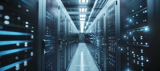 Data server hallway. Storage clouds host privacy security technology concept. Generative AI technology.	
 - obrazy, fototapety, plakaty