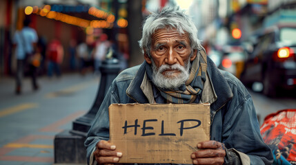The Face of Poverty: A Homeless Man's Plea for Compassion ,generated by IA  - obrazy, fototapety, plakaty