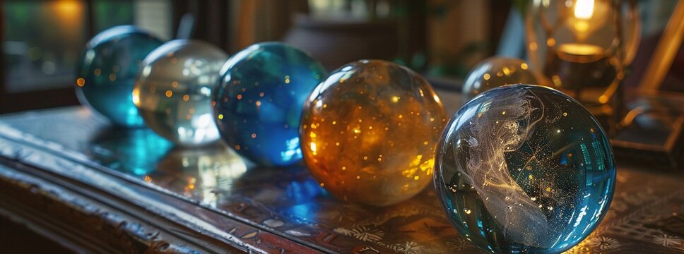 Crystal balls on ancient table, dim light, close-up, mystical, 