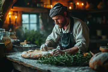 Handsome bearded man in apron making pizza in the kitchen