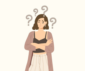 Young female crossing her arms and making doubt face with question mark over her head. Concept of curious thought, forgetfulness, wondering, clueless. figure out. Flat vector illustration.