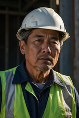 Erfahrener chinesischer Bauarbeiter mit Helm reflektiert auf einer Großbaustelle - obrazy, fototapety, plakaty