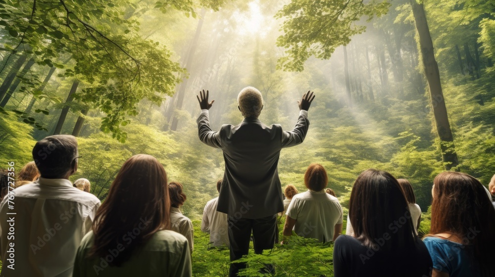 Poster a man is standing in a forest with a group of people around him