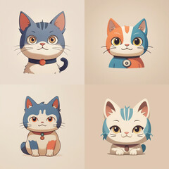 Colorful Illustrated Portraits of Four Cute Cartoon Kittens With Expressive Eyes