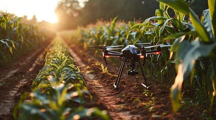 Drone flying to spray fertilizer on corn fields with forests background