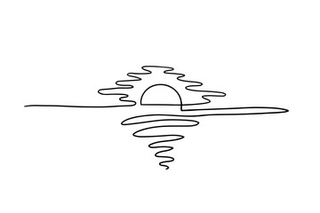 Continuous line sunset, single line sketch, isolated on white background. One continuous line drawing.