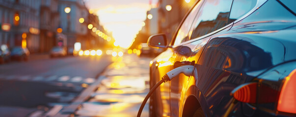 Electric Vehicle Charging at Sunset: City Street View