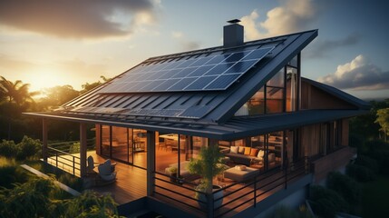 Solarpaneled house with abundant windows in natural landscape