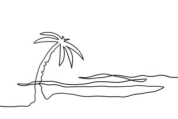 Continuous line sea coast with palm tree, single line sketch, isolated on white background. One continuous line drawing