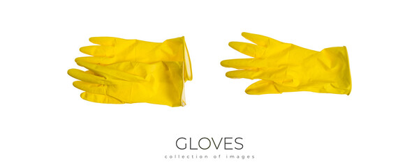 Rubber cleaning gloves holding rag isolated on white background. Place for text. Professional cleaning concept