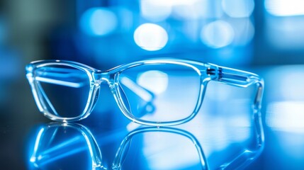 Clear Eyeglasses on Blue Reflective Surface