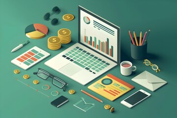 Financial Analysis and Investment Planning Workspace with Data Visualizations and Office Supplies