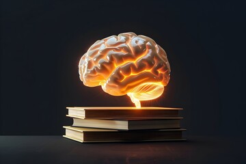 Glowing Brain Resting on Modern Books Represents Wisdom and Intelligence in Knowledge-Driven World
