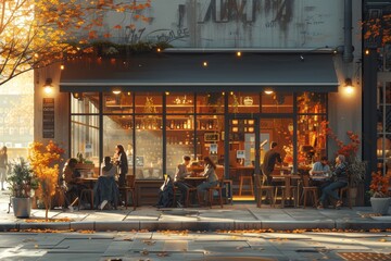 cozy ambiance of a blurred coffee shop or cafe restaurant, with abstract light creating a dreamy background atmosphere. - obrazy, fototapety, plakaty