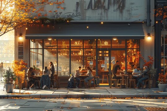 cozy ambiance of a blurred coffee shop or cafe restaurant, with abstract light creating a dreamy background atmosphere.