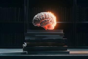 Brain Glowing with Knowledge on Top of Modern Books Symbolizing Wisdom and Intelligence in High Photography with Hyper Color Grading Style - obrazy, fototapety, plakaty