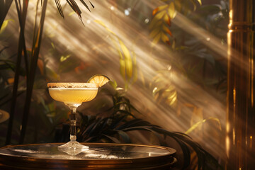Sunbeams filter through a tropical setting, highlighting a cocktail with a lime garnish on a reflective table surface.
