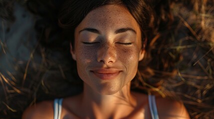 A close-up portrait of a woman in a meditative