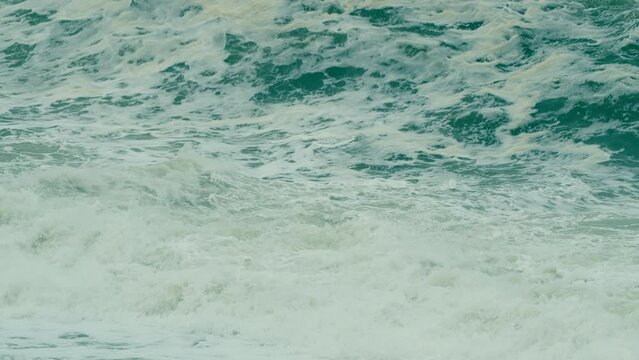 Stormy Sea. Power Of Waves Breaking Splashing. Mighty Ocean Wave Rolling Slowly And Crashing Against Coast.
