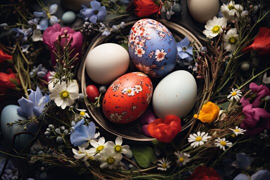 A nest of vibrant Easter eggs nestled among a variety of colorful spring flowers, symbolizing rebirth and celebration.