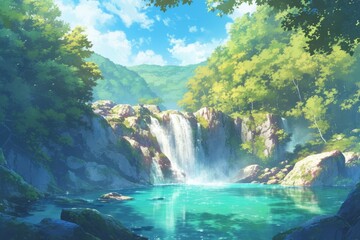 Waterfall in a forest, wallpaper, anime-style